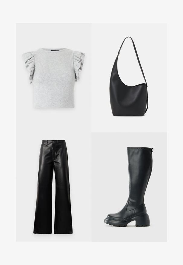 Pelēks ribu adījuma kroptops ar īsām pušķotām piedurknēm un apaļu kakla izgriezumu. Gluda tekstūra, pieguļošs dizains, bez redzamām grafikām vai rakstiem.; Melnas augstās jostas platajās kājās sintētiskās ādas bikses ar priekšējo pogu, rāvējslēdzēju, jostas cilpām un sānu kabatām uz baltā fona.; Augstas melnas ādas zābakus ar masīvu platformu un bloka papēdi, ar vilkšanas cilpu un strukturētu profilu uz ārējā zoles.; Melnas ādas hobo soma ar gludu tekstūru, izliekta forma un vienu regulējamu jostu; augšā ir plaša atvere.