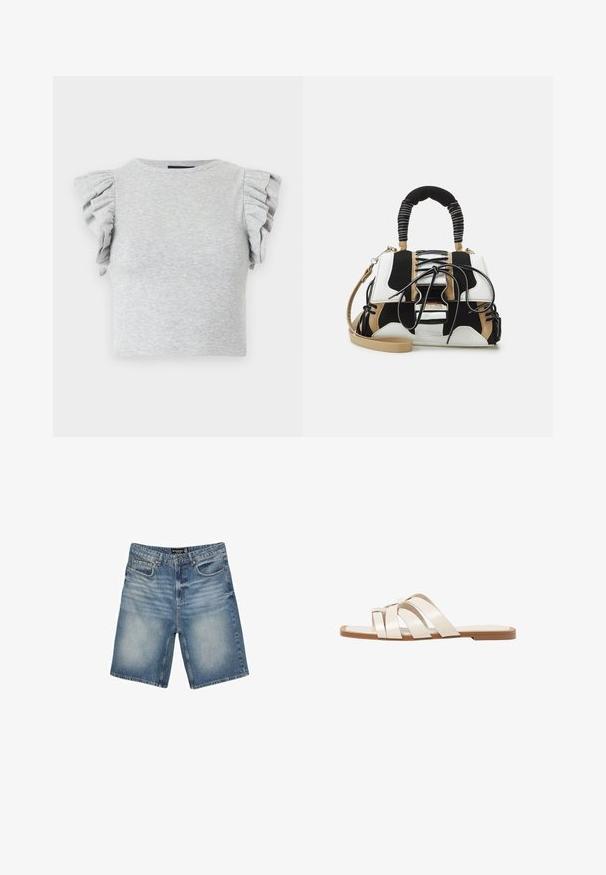 Sivoribana pletena kratka majica s kratkim naboranim rukavima i okruglim izrezom. Glatka tekstura, uski kroj i bez vidljivih grafika ili uzoraka.; Denim kratke hlače v svetlo modri barvi, z pasom z zankami za pas, petimi žepi in nekoliko zbledelim videzom za staran izgled.; Ravne sandale s svetlo rjavim gumijastim podplatom, zasnovane s tremi prekrivajočimi se belimi usnjenimi trakovi in majhnim lokom na sredini.; Večbarvna torbica iz črne, bele in bež mreže. Ima teksturirano ročico, design z vezalkami in snemljiv ramenski trak.