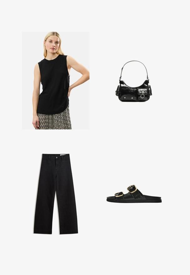 Musta ilmanhihoinen paita pehmeästä kankaasta, rento malli. Kevyt, pyöreä pääntie ja lievä laskos, jossa on sivurei'ät. Yhdistetty kuvioituun hameeseen.; Mustat leveät farkut korkealla vyötäröllä, joissa on etu- ja takataskut, ommellut saumat ja nappisuljenta. Silkinoinen rakenne.; Musta liukusandaali, jossa on kaksi kultaisesta solkesta tehtyä korostusta, sileäpintainen materiaali, litteä pohja ja minimalistinen muotoilu.; Mustekko mustasta kiiltonahasta valmistettu käsilaukku, jossa on kaareva muoto, yksi olkahihna, etutaskut ja hopeanväriset yksityiskohdat.