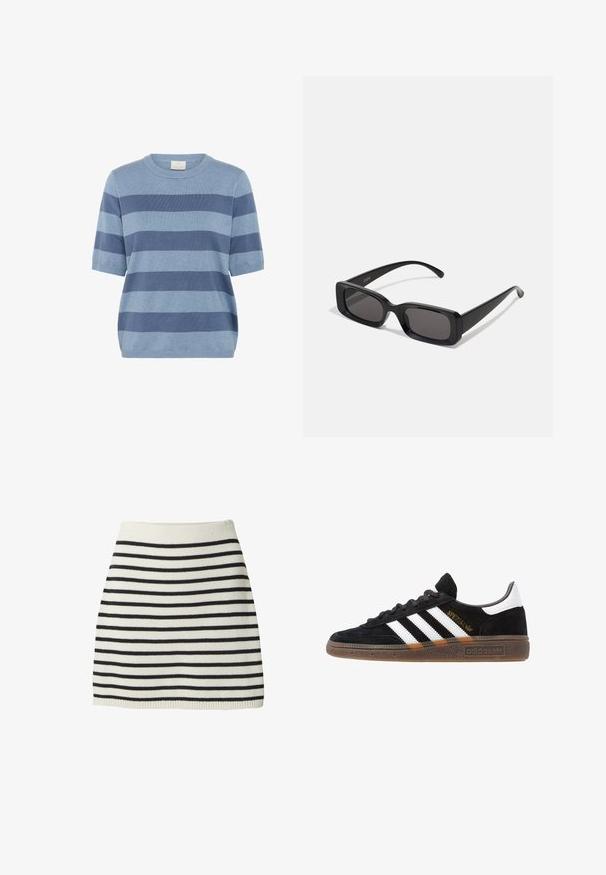 Blau gestreifter kurzärmeliger Pullover aus weichem Strickmaterial; mit unterschiedlichen Blautönen, rundem Ausschnitt und lässigem Schnitt.; Strickrock mit abwechselnd schwarzen und weißen horizontalen Streifen, einer figurschmeichelnden Passform und einem gerippten Bund mit geradem Saum.; Schwarzer Adidas Sneaker mit weißen Streifen, goldenem "Spezial"-Text, Gummisohle und weißem Fersenbereich, seitliche Ansicht.; Schwarze rechteckige Sonnenbrille mit dunklen Gläsern, glänzender Oberfläche, breiten Bügeln und einem klobigen Rahmen-Design. Gravierter Markenname auf einem Bügel.