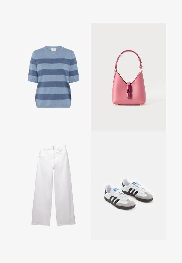 Niebieski sweter z krótkim rękawem w paski, wykonany z miękkiego materiału dzianinowego; charakteryzuje się różnymi odcieniami niebieskiego, okrągłym dekoltem i luźnym krojem.; Białe dżinsy w stylu wide-leg wykonane z denimu. Posiadają zapięcie na guzik, kieszenie z przodu i z tyłu oraz przeszycia. Gładka tekstura z minimalnymi detalami.; Buty sportowe z białą skórzaną cholewką, szarym zamszowym noskiem i trzema czarnymi paskami. Posiadają niebieskie logo na języku oraz teksturowaną gumową podeszwę.; Różowa skórzana torebka o strukturalnym kształcie, z błyszczącym zapięciem i jedną regulowaną rączką. Teksturowana powierzchnia z złotymi akcentami.