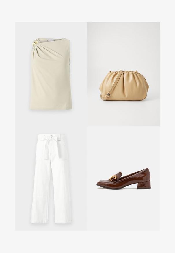 Ärmelloses beiges Top mit einem gerafften Design an der linken Schulter, das mit einem goldenen Ring verziert ist. Hergestellt aus glattem, dehnbaren Stoff.; Weiße Baumwollhose mit weitem Bein, ausgestattet mit einem Front-Bindebund, Seitentaschen und sichtbaren Nähdetails.; Braune Lederloafers mit glänzender Oberfläche, ausgestattet mit einer dekorativen goldenen Schnalle an der Vorderseite und einem niedrigen Blockabsatz. Klassisches Design.; Tasch in hellbraunem Leder mit gefälteltem Design, verstellbarem Tragegurt und runder Form. Minimalistische Markenkennzeichnung auf der Vorderfläche.