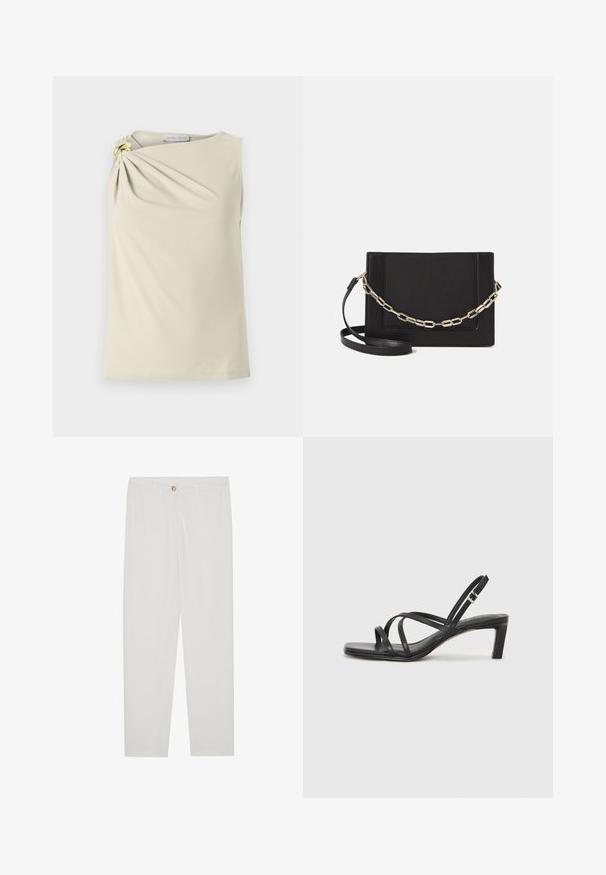 Beżowy top bez rękawów z marszczonym wzorem na lewym ramieniu, zdobiony złotym pierścieniem. Wykonany z gładkiego, elastycznego materiału.; Białe, dopasowane spodnie z prostymi nogawkami, posiadające zapięcie na guzik, szlufki na pasek oraz kieszenie boczne; gładka tekstura materiału.; Czarne sandały na obcasie z prostokątnym noskiem i niskim słupkowym obcasem. Posiadają wiele cienkich pasków i regulowany pasek na kostkę. Wykonane z gładkiej skóry.; Czarna skórzana torebka typu crossbody z gładką teksturą, prostokątnym kształtem oraz metalowym detalem w postaci łańcuszka z przodu. W zestawie regulowany pasek.