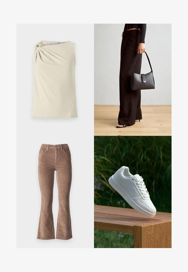 Ärmelloses beiges Top mit einem gerafften Design an der linken Schulter, das mit einem goldenen Ring verziert ist. Hergestellt aus glattem, dehnbaren Stoff.; Braune Corduroy Schlaghose mit gerippter Textur, hohe Taille, fünf Taschen und Knopfverschluss vorne.; Weiße Sneaker mit einem glatten, synthetischen Obermaterial, perforierter Zehenbox, flachen Schnürsenkeln und einer strukturierten Sohle, präsentiert auf einer Holzoberfläche.; Schwarze Handtasche mit strukturierter Form, glatter Textur und einem metallischen Verschluss. Kombiniert mit weiten schwarzen Hosen und offenen Sandalen auf einem Holzboden.