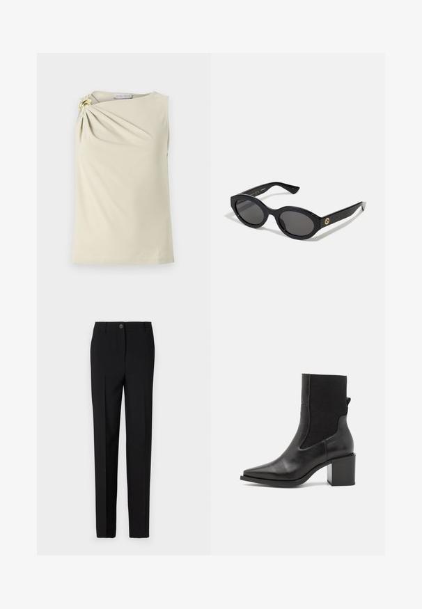 Top bej fără mâneci, cu un design plisat la umărul stâng, având un accent dintr-un inel auriu. Fabricat dintr-un material neted și elastic.; Pantaloni negri croiți, cu un design drept, având sistem de închidere cu nasture și centură, confecționați dintr-un material neted.; Cizmă ankle neagră cu vârf ascuțit, fabricată din piele netedă și țesătură elastică. Prezintă un toc pătrat și un design minimalist.; Ochelari de soare ovali negri cu lentile întunecate și ramă din plastic lucios. Prezintă un logo aurit pe bradă, oferind un design elegant și modern.; Geantă de mână cu un model albastru, confecționată din țesătură, având o formă curbată, curea din piele neagră și un design al logo-ului într-o nuanță mai deschisă.