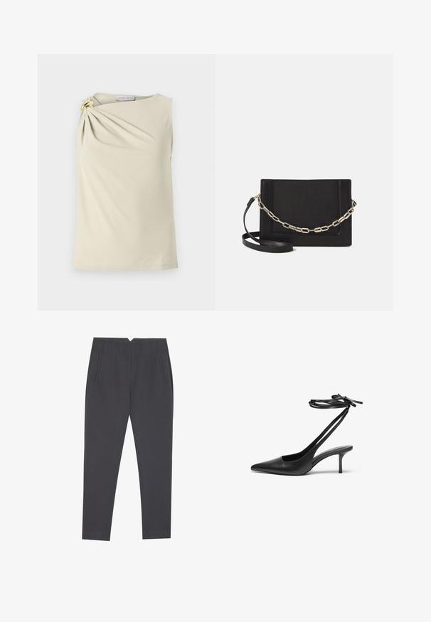 Mouwloos beige top met een geraffineerd ontwerp bij de linker schouder, voorzien van een gouden ringaccent. Gemaakt van een gladde, rekbare stof.; Donkergrijze taps toelopende broeken met zijzakken en voorplooien, ontworpen voor een op maat gemaakte pasvorm.; Zwarte leren stiletto-schoen met een spitse neus, open achterkant en enkelschoentjes die in een strik zijn geknoopt. Slanke 3-inch hak. Glad textuur, minimalistisch ontwerp.; Zwarte leren schoudertas met een gladde textuur, rechthoekige vorm en een metallic kettingdetail aan de voorkant. Verstelbare schouderband inbegrepen.