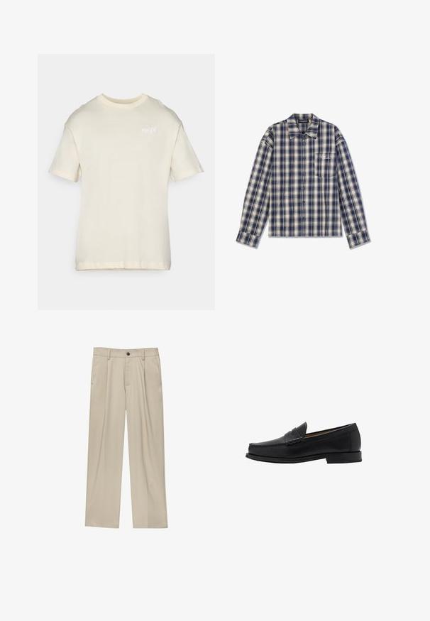 T-shirt a maniche corte color crema realizzata in cotone morbido, con colletto rotondo e un piccolo logo ricamato sul petto. Tessuto liscio, vestibilità rilassata.; Camicia a maniche lunghe a scacchi in blu navy e crema con chiusura a bottoni, colletto e una piccola tasca sul petto con testo bianco.; Pantaloni beige a taglio dritto, con un solo bottone nero, passanti per la cintura e tasche laterali. Tessuto dalla texture liscia e design minimale.; Mango Mocassini eleganti - black