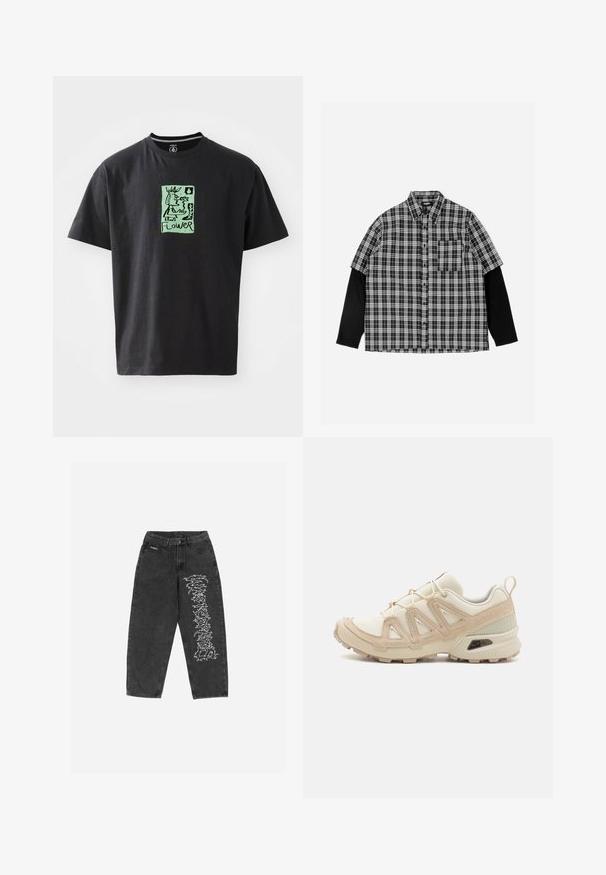 Schwarzes Baumwoll-T-Shirt mit einer grünen grafischen Illustration und dem Wort "FLOWER." Kurze Ärmel und runder Halsausschnitt.; Schwarz-weiß kariertes kurzärmliges Hemd mit Frontknöpfen, ausgestattet mit einer schwarzen langen Schicht darunter und einer Brusttasche.; Schwarze Denim-Jeans mit hoher Taille und weit geschnittenem Bein, versehen mit weißer grafischer Stickerei entlang eines äußeren Beins. Klassisches Fünf-Taschen-Design.; Beige und cremefarbenen Sportschuh mit strukturiertem Mesh-Obermaterial, unterstützenden Überzügen und Gummisohle mit einem Profilmuster für Bodenhaftung.