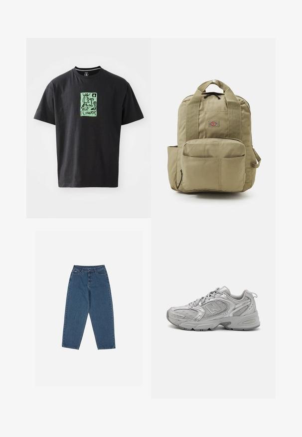 Schwarzes Baumwoll-T-Shirt mit einer grünen grafischen Illustration und dem Wort "FLOWER." Kurze Ärmel und runder Halsausschnitt.; Blaue Jeans aus Denim mit entspannter Passform, hoher Taille, Fünf-Taschen-Design und gesteppter Akzente. Mit einem Knopf- und Reißverschluss ausgestattet.; Silberner Sportschuh mit schlankem Design, Mesh-Einsätzen, gepolstertem Schaft, strukturiertem Synthetik-Obermaterial und Gummisohle für Traktion.; Khaki-Rucksack mit gepolsterten Trägern, frontaler Tasche und rundem Logo. Aus strapazierfähigem Stoff gefertigt, mit einem oberen Griff und einem Seitentasche.