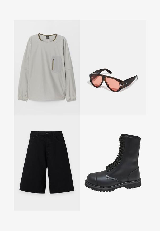 Haut à manches longues gris clair avec un col rond, des poignets élastiques et une poche plaquée texturée avec fermeture éclair sur le devant.; Shorts noirs en denim avec une coupe décontractée, présentant un design classique à cinq poches et une fermeture à bouton, texture lisse et coupe droite.; Botte de combat en cuir noir avec un haut tige, fermeture lacée à l'avant, col rembourré et semelle texturée robuste pour une meilleure adhérence. Dotée d'un capuchon de protection renforcé.; Lunettes de soleil écaille de tortue avec des verres roses, arborant un design angulaire audacieux et de fines accents en métal argenté sur les montures.