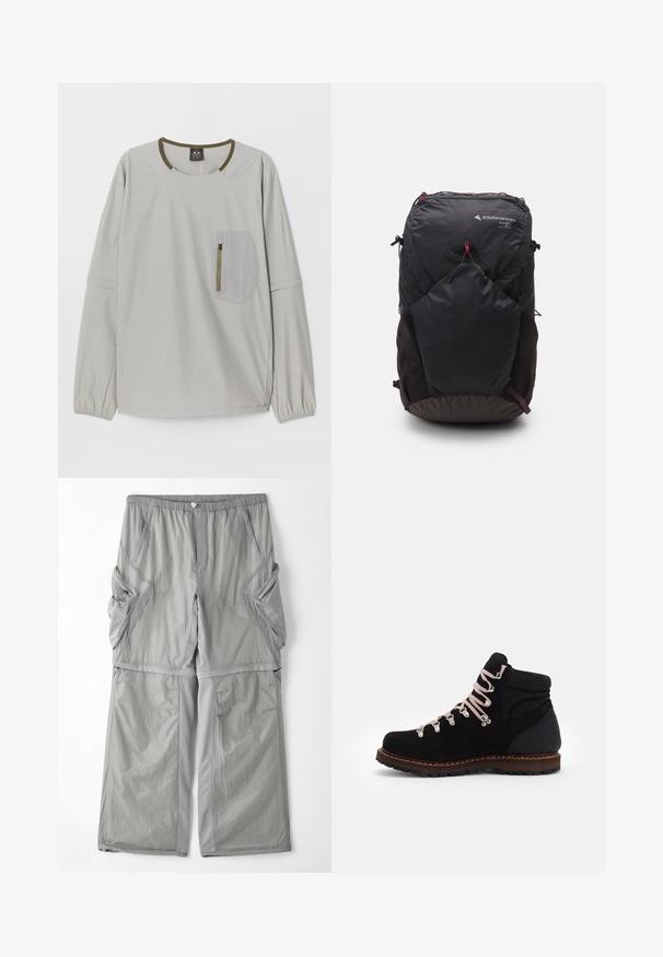Maglietta grigia chiara a maniche lunghe con scollatura tonda, polsini elasticizzati e tasca a toppa testurizzata con zip sul davanti.; Pantaloni in tessuto grigio chiaro, traspirante, con vita elastica, tasche laterali e piping grigio a contrasto lungo le cuciture. Design a vestibilità ampia.; Stivale da hiking in suede nero con lacci rosa, occhielli in metallo, supporto per la caviglia imbottito e suola in gomma testurizzata, caratterizzato da una intersuola marrone a contrasto.; Zaino nero con logo triangolare, capacità di 26 litri, chiusura con zip, pannello inferiore testurizzato e dettagli in rosso a contrasto.