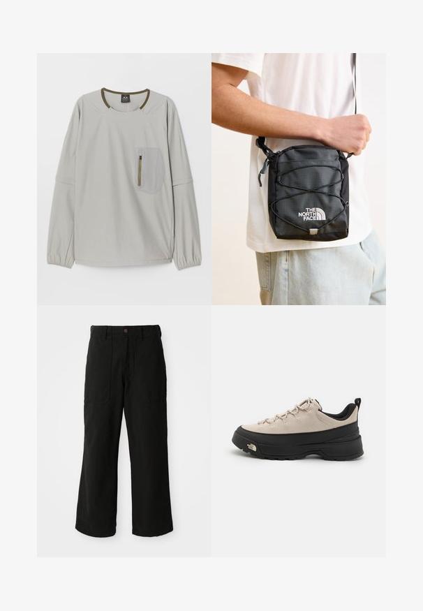 Svetlošedý dlhý rukáv s okrúhlym výstrihom, elastickými manžetami a textúrovanou nášivkou na vrecku s zipsom na prednej strane.; Čierne nohavice s širokými nohavicami vyrobené z mäkkej látky, s prednými vreckami a zapínaním na gombík v páse. Minimalistický dizajn bez viditeľných vzorov.; Bežové zamatové turistické topánky s čiernou gumovou podrážkou, textúrovanými akcentmi a reflexnými šnúrkami. Obsahujú pútko pre ľahké obúvanie.; Čierna nylonová taška cez telo s textúrovaným povrchom, nastaviteľným popruhom a detailmi zo bungee šnúry. Obsahuje logo "The North Face" v bielej farbe.