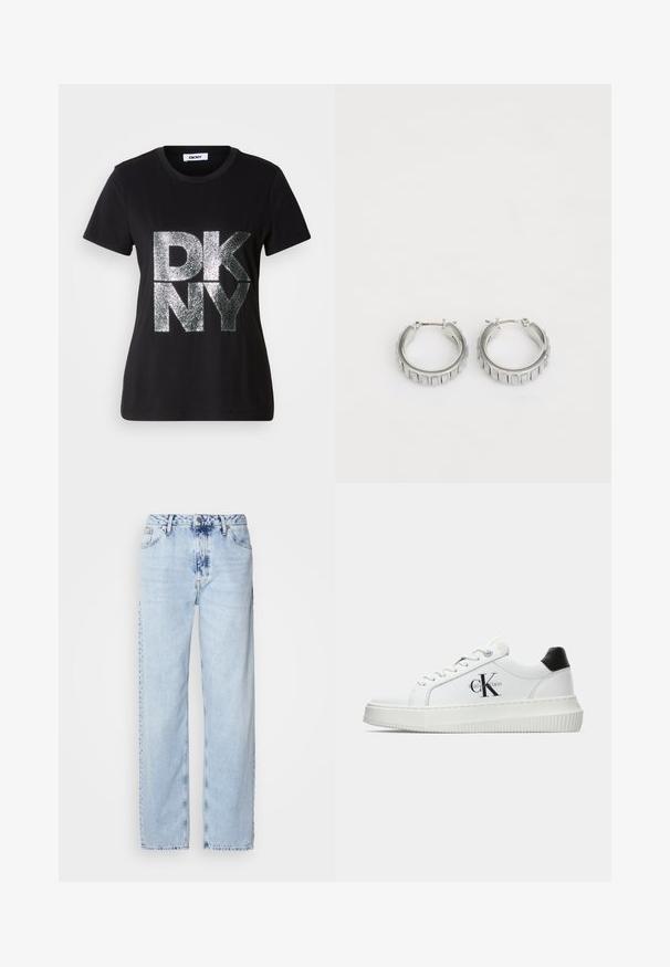 Melna īsslēguma T-krekls ar lieliem sudraba spīdīgiem "DKNY" burtiem priekšpusē un apaļu kakla izgriezumu.; Gaiši zilas platās kājas džinsi, izgatavoti no denima, ar augstu jostas vietu, izbalinātu krāsu un smalku krāsošanas rakstu priekšpusē.; Baltā zema topa sporta apavas ar melnu papēža cilni, platformas zoli, auklēm un Calvin Klein "CK" logo sānos.; Sudraba gredzena auskari ar faktūras dizainu, kas ietver vertikālas rievas. Apaļa forma ar drošu aizdari. Gluda apdare.