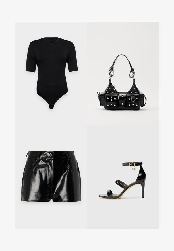 Sorte bodysuit med kortærmer, lavet af blødt stof. Har en rund halsudskæring og en thong-bottom med trykknaplukning. Glat tekstur.; Sorte, blanke shorts lavet af syntetisk materiale. Har en tætsiddende talje, bælteslaufer og forlommer med fremtrædende stikninger.; Sorte patenterede lædersandaler med tre stropper, ankelspænde og 10 cm stiletthæl. Har detaljer i guld og et logo charms.; Sort læderhåndtaske med et buet design, prydet med sølvfarvede nitter, en spænde og to sidelommer. Justerbar rem til forskellige bære muligheder.