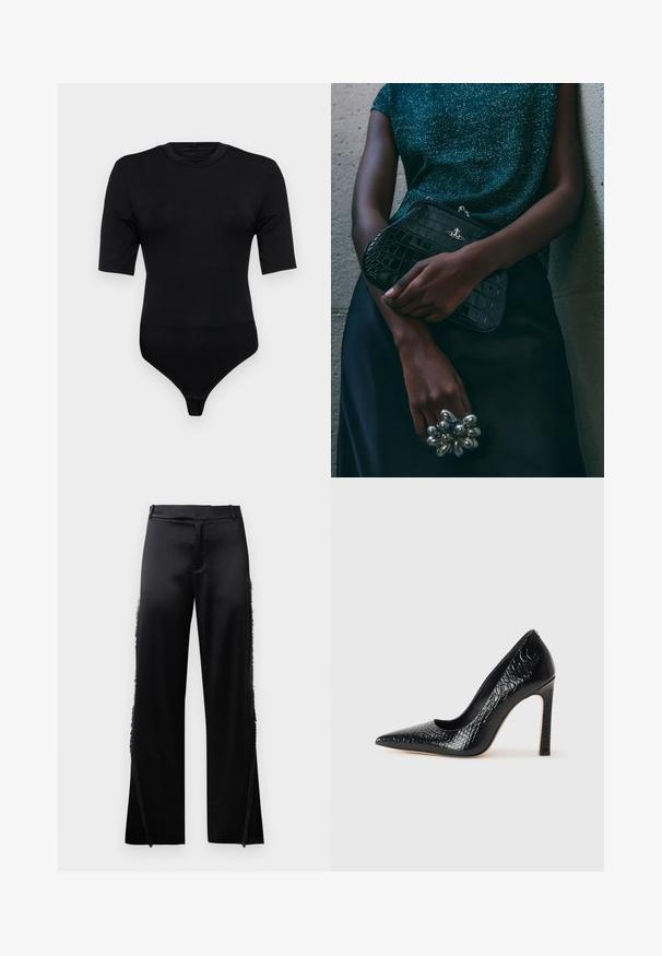 Must mustriga lühikeste varrukatega, pehmest kangast. Omab ümmargust kaelust ja tanga tüüpi aluspükse, mis kinnituvad nööbiga. Sile tekstuur.; Mustad satiinpüksid laia säärega, mille külgseintel on fruuride detailid ja lame talje. Seljaosa on lihtne, ilma taskuteta.; Mustan teravaotsaga kõrge kontsaga king, millel on krokodillimustriga tekstuur, stiilne disain, kõrge stilettokonts ja sile must sisesisustus.; Must musta tihe-must reptiili nahast pidulik kott hõbedaste detailidega, mille taustal on tekstuuriline hall taust. Omab läikivat pinda.