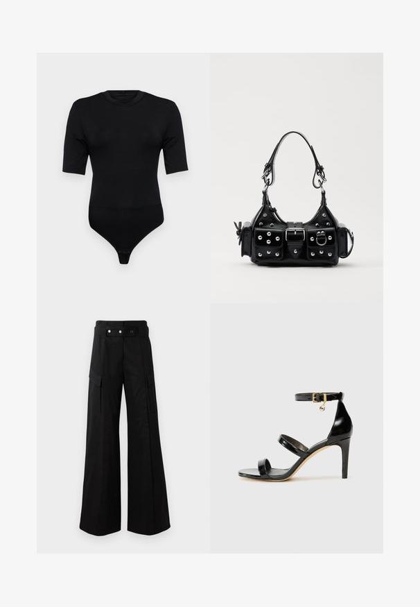 Černý body s krátkými rukávy, vyrobený z měkké tkaniny. Má kulatý výstřih a thong dno se zapínáním na patentky. Hladká textura.; Černé kalhoty s širokými nohavicemi a vysokým pasem, které mají velké boční kapsy, dva přední knoflíky a detail v podobě poutka. Vyrobeno z pevné látky.; Černé lakované kožené sandály se třemi pásky, sponou na kotníku a 10 cm jehlovým podpatkem. Obsahují zlaté kovové detaily a logo přívěsek.; Černá kožená kabelka s křivkovým designem, zdobená stříbrnými hřebíky, s přezkou a dvěma bočními kapsami. Nastavitelný popruh pro různé možnosti nošení.