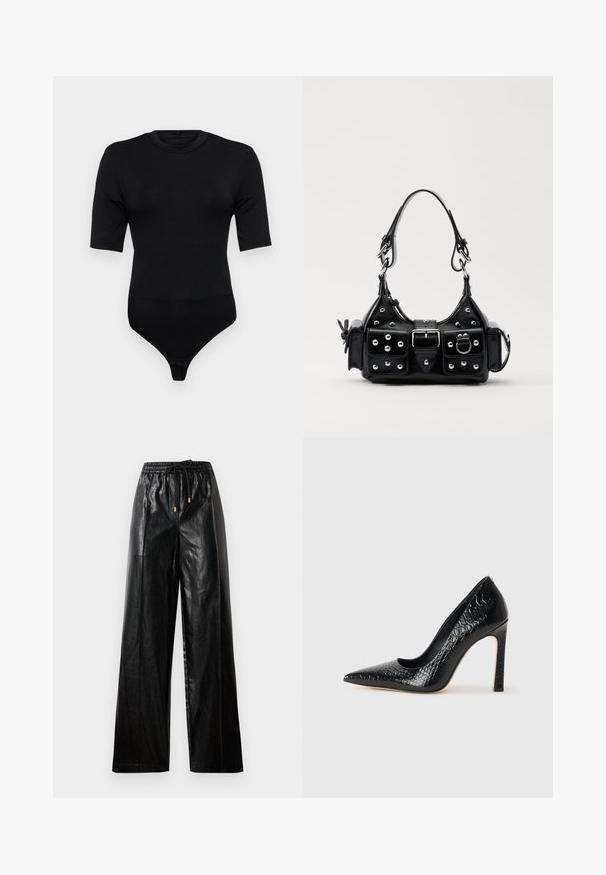 Fekete bodyszut rövid ujjal, puha anyagból készült. Jellemzője egy kerek nyakkivágás és egy tanga alsó résszel ellátva, patentos záródással. Sima textúra.; Fekete bőrből készült, bő szárú nadrág rugalmas derékkal, húzózsinórral és arany színű fém részletekkel. Simább textúrájú és laza fazonú.; Fekete hegyes orrú magassarkú cipő krokodilbőr textúrával, letisztult dizájnnal, magas tűsarkú és sima fekete belső résszel.; Fekete bőr kézitáska ívelt designnal, ezüst szegecsekkel, csattal és két oldalsó zsebbel. Állítható vállpánt a hordozási lehetőségekhez.