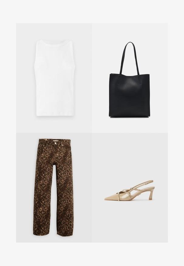 Canotta bianca a coste con scollatura rotonda e senza maniche. Il tessuto appare liscio ed elastico, adatto per un look casual.; Jeans a gamba larga con stampa leopardata in marrone e beige. Realizzati in denim, presentano un classico design a cinque tasche e finiture in metallo.; Décolleté in pelle verniciata beige con punta affusolata, cinturini regolabili e tacco a blocco di 6 cm. Include dettagli decorativi in argento.; Borsa tote in pelle nera con texture liscia, forma rettangolare e due manici lunghi. Nessun hardware o decorazione visibile.