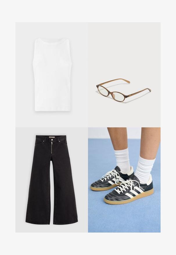 Camiseta de tirantes blanca con escote redondo y diseño sin mangas. La tela parece suave y elástica, adecuada para uso casual.; Jeans de pierna ancha en denim negro con cierre frontal, diseño de cinco bolsillos y detalles de costura sutiles. Textura suave y estilo casual.; Zapatillas de cuero negro con rayas blancas, punta redonda, cordones blancos y suela de goma. Destacan por su cuello acolchado y detalles de marca.; Gafas de carey marrón con lentes ovalados, patas delgadas y acentos transparentes. Presenta un sutil logo en la varilla. Diseño elegante y ligero.