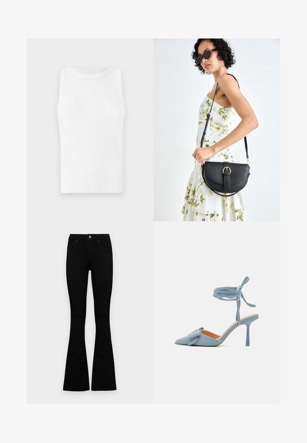 White ribbed tank top with a round neckline and sleeveless design. Fabric appears smooth and stretchy, suitable for casual wear.; Black high-waist jeans with a button and zip closure, front pockets, and flared legs laid flat on a white background.; Pointed-toe high heel shoe in light blue fabric with a textured finish, featuring a bow accent and ankle strap for secure fit.; Black leather handbag with a curved shape, detachable strap, and gold hardware. The bag features a flap with a buckle detail.