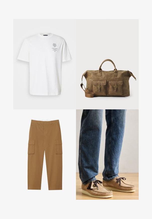 T-shirt de algodão branca com decote redondo, mangas curtas e um design impresso de logotipo e texto na frente em cinza.; Calças cargo castanhas com dois bolsos laterais, frente plana e corte reto. Feitas de um tecido durável com uma textura suave.; Mocassins em camurça na cor tan com detalhe em castanho escuro, bico arredondado e sola branca acolchoada. Apresenta design com atacadores e costuras decorativas.; Mala de viagem em couro castanho com dois bolsos frontais, alça de ombro ajustável, acessórios dourados e alças superiores robustas. Textura suave.
