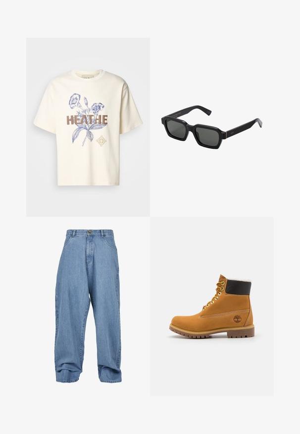 Cremefarvet bomulds t-shirt med blå blomster grafik og fed brun tekst "HEATHE." Løs pasform med korte ærmer og rund halsudskæring.; Lysblå denimbukser med løst fit, knaplukning, forlommer og cuffed kant, der har et klassisk fem-lomme design.; Brune læder ankelstøvle med metaløjer, hvid pelsforing, sort polstret krave, robust sål og præget logo på siden.; Sorte, firkantede solbriller med grå linser. Tykt plastisk stel med guld detaljer og branding på stangen. Glat tekstur.