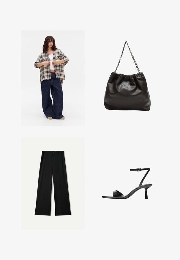 Mlada ženska, oblečena v prevelik bež in črn karo srajco čez belo kratko majico, široke temno modre kavbojke in svetle čevlje, stoji na beli podlagi.; Bershka WIDE - Hlače - black; Bershka Sandali z visoko peto - black; Rjava usnjena torba z nabranim vrhom in verižnim trakom. Gladka tekstura z sijajno površino in subtilnimi šivi na straneh.