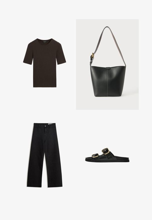 T-shirt a maniche corte color marrone scuro, con scollo rotondo, design semplice e colletto a costine, etichettato Massimo Dutti all'interno del colletto.; Pantaloni in denim neri a gamba larga con vita alta, dotati di tasche anteriori e posteriori, cuciture a punto, e chiusura con bottone. Texture liscia.; Infradito neri con due accenti di fibbia dorata, materiale dalla texture liscia, suola piatta e design minimalista.; Borsa a spalla nera in pelle con una texture liscia, forma curvata e una sola tracolla regolabile con hardware dorato e un accento con il logo.