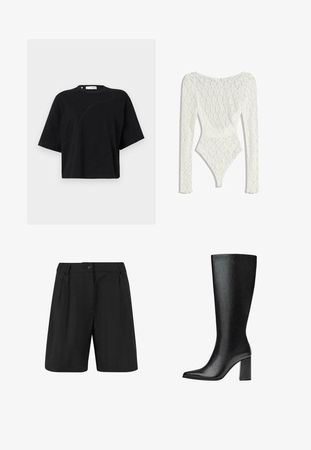 Fekete, rövidujjú póló kerek nyakkivágással, finoman ívelt varrásmintákkal és lazán, dobozszerű szabással. Pamut anyag.; Fehér csipkés bodysuit hosszú ujjakkal, szőtt mintázattal és mély hátkivágással, magasan szabott lábnyílással.; Fekete, szabású nadrág rövidnadrág, elülső redőkkel, lapos elülső résszel, és egy gombos záródással. Sima szövettextúra.; Fekete, térd fölé érő csizma műbőrből, hegyes orral, sima felülettel és tömör, blokk sarkú kialakítással. Minimalista dizájn, látható díszítések nélkül.
