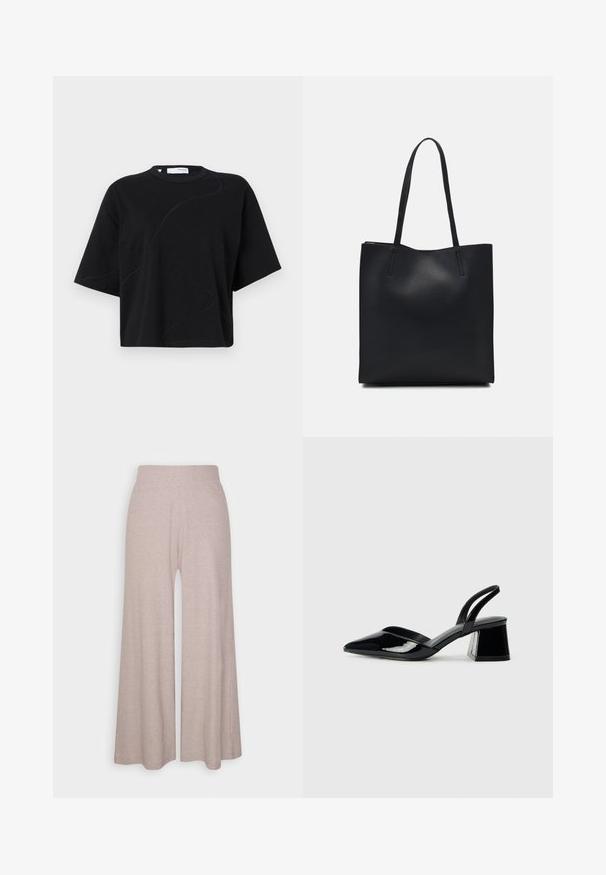 Must särg lühikeste varrukatega, ümmarguse kaelusega, millel on peened, kumerad tikandimustrid ja lõdvestunud, kastiline lõige. Puuvillane kangas.; Heledad hallharged püksid, mis on valmistatud pehmest, soonilisest kangast, kõrge vöökoht ja täispikkade jalgadega, millel on õrn tekstuur.; Mustad musta lakknahk kingad, millel on terav varvas ja geomeetriline plokkkonts. Omab elegantselt minimalistlikku disaini ja sujuvat tekstuuri.; Mustast nahast kott sujuva tekstuuriga, ristkülikukujuline ja kahe pika sangaga. Pole nähtavat riistvara ega kaunistusi.