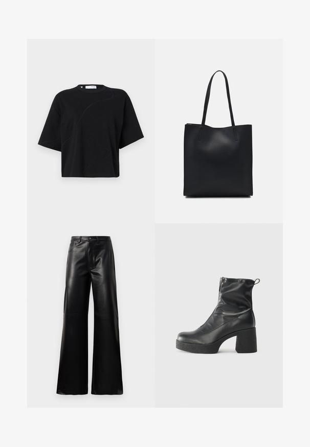 Fekete, rövidujjú póló kerek nyakkivágással, finoman ívelt varrásmintákkal és lazán, dobozszerű szabással. Pamut anyag.; Fekete, magas derekú, széles lábú, műbőr nadrág elülső gombbal, cipzárral, övbújtatókkal és oldalsó zsebekkel, fehér háttérrel.; Fekete bokacsizmák sima bőrből, oldalsó cipzárral, vastag, texturált sarkú és lekerekített orrú dizájnnal.; Fekete bőrtáska sima felszínnel, téglalap alakú, két hosszú füllel. Nincs látható fémkiegészítő vagy díszítés.