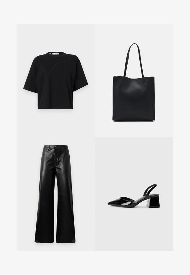 Melnas īsām piedurknēm T-krekls ar apaļu kakla izgriezumu, ar smalkām, izliekta šuvju līnijām un brīvu, kvadrātveida piegriezumu. Kokvilnas audums.; Melnas augstās jostas platajās kājās sintētiskās ādas bikses ar priekšējo pogu, rāvējslēdzēju, jostas cilpām un sānu kabatām uz baltā fona.; Melna lakota āda ar atvērto papēdi, ar smailu purngalu un ģeometrisku blokpapēdi. Iezīmējas elegants, minimāls dizains un gluda tekstūra.; Melnas ādas somiņa ar gludu tekstūru, taisnstūra formu un divām garām rokturiem. Nav redzamu aparatūras vai rotājumu.