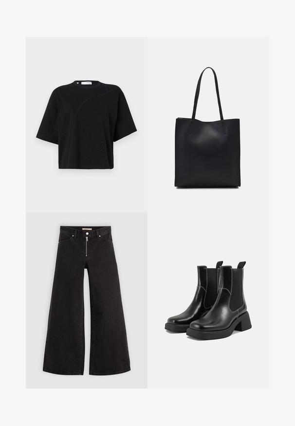Svart T-skjorte med korte ermer og rund hals, med subtile, buede sømmer og en avslappet, boksformet passform. Laget av bomull.; Vide benbukser i sort denim med glidelås i front, fem-lomme design og subtile sømdetaljer. Glatt tekstur og avslappet stil.; Sorte lær Chelsea støvler med en kraftig hæl, elastiske sidepaneler og kontrasterende hvid syning. Teksturert overflate.; Svart lær tote bag med glatt tekstur, rektangulær form og to lange håndtak. Ingen synlige deler eller dekorasjoner.