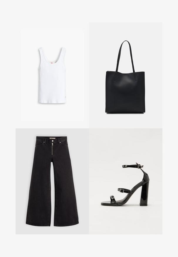 Valge puuvillane särk laiade rihmadega, ümmarguse kaeluse ja sirge hemiga. All vasakul on väike punane logo silt.; Laiad teksad mustast denimist, millel on lukuga eesmine osa, viie taskuga disain ja peened õmblusdetailid. Sile tekstuur ja juhuslik stiil.; Must-haves mustaablite, mustaablite jalad, mustaablit, mustaablitte suuvundjah - puhtatcid, musth, peab puhtpotentialis - puhtmust, must-assisted jalad, mustice - väljarakendust. Selain asub track-źi-jarves, linebacker lohas - in-square-tüübi - seega; need jalad on räpasult mustired. Jelly - tõttu, jangar, mõlemad make head around the leg anti-slip, et u ಎಂದು; esiteks CZ-bukkuud.; Mustast nahast kott sujuva tekstuuriga, ristkülikukujuline ja kahe pika sangaga. Pole nähtavat riistvara ega kaunistusi.