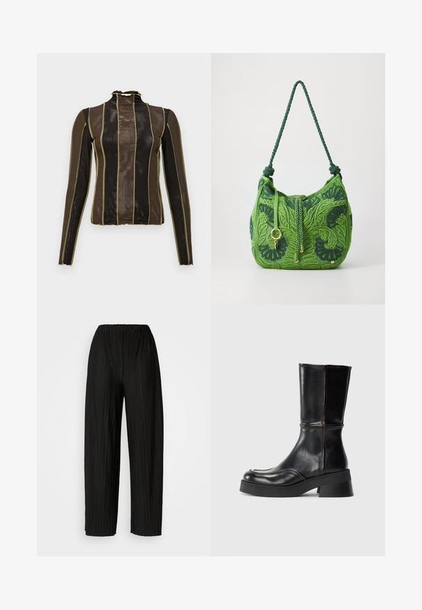 Langarmtop in doorschijnend bruin en zwart gaas, voorzien van verticale strepen omlijnd met gouden stiksel en een ruches hoge kraag.; Zwarte plooibroek met wijde benen en een elastische tailleband. De stof heeft verticale plooien en een gladde textuur.; Zwarte leren enkellaars met een blokhak, met contrasterende stiksels en een gebogen teendesign. Effen textuur, slanke silhoutte.; Groene geborduurde handtas met een ronde vorm, voorzien van ingewikkelde bloempatronen, een gevlochten hengsel en een decoratieve trekkoordsluiting.