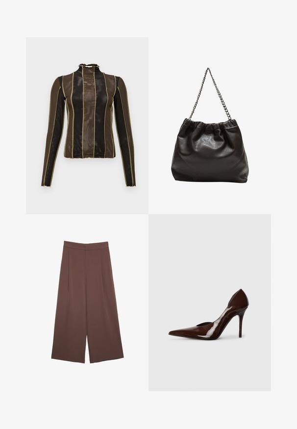 Long-sleeve top in sheer brown and black mesh, featuring vertical stripes outlined in gold stitching and a ruffled high collar.; Brown wide-leg trousers with a smooth texture, featuring a high waist and front pleats. The fabric is lightweight and flows loosely.; Brown patent leather high-heeled pump with a pointed toe and cut-out sides, featuring a thin heel and smooth finish.; Brown leather bag with a gathered top and a chain strap. Smooth texture with a glossy finish and subtle seam detailing on the sides.