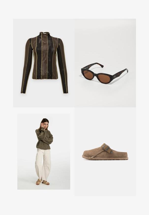 Langermet topp i gjennomsiktig brun og svart mesh, med vertikale striper som er omkranset av gulltråd og en volanghøy krage.; Free People GOOD LUCK MID RISE BARREL - Jeans relaxed fit - beige; Brune semsket treklakk med spenne, lukket tå-design og synlig søm på en teksturert såle.; Svart skjellmønstret solbriller med brune linser, kantete design og brede stenger med en subtil logo detalj. Glatt plastoverflate.