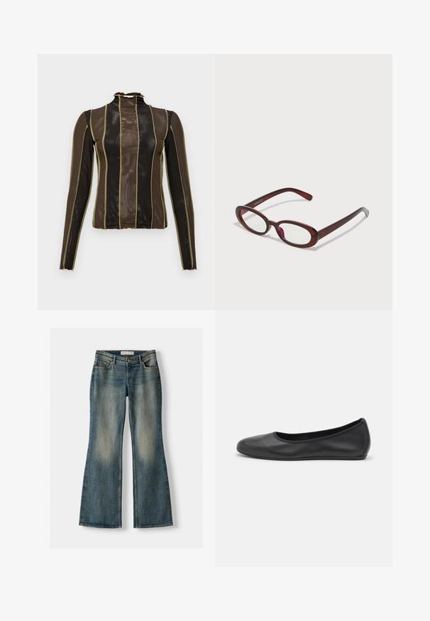 Koszula z długim rękawem z przezroczystej brązowej i czarnej siateczki, z pionowymi paskami obramowanymi złotymi ściegami oraz falbaniastym wysokim kołnierzem.; Niebieskie dżinsy w fasonie dzwonów z wyblakłym wykończeniem, pięcioma kieszeniami i zapięciem na guzik. Materiał ma fakturę dżinsu z subtelnymi detalami szycia.; Czarne skórzane baletki z zaokrąglonym noskiem, gładką fakturą, minimalnymi przeszyciami i elastycznym designem podeszwy.; Owalne czerwone okulary przeciwsłoneczne z przezroczystymi soczewkami i eleganckimi brązowymi oprawkami. Projekt charakteryzuje się subtelnymi krzywiznami i minimalną ilością elementów metalowych.