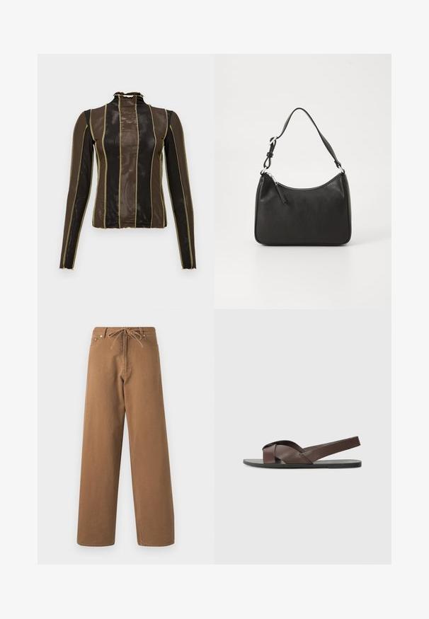 Pikendatud varrukatega särk läbipaistvast pruunist ja mustast võrkkangast, millel on vertikaalsed triibud kuldse õmblusega ja volangiga kõrge krae.; Pruunid laiad püksid, mis on valmistatud puuvillast, elastse vöökoha ja kahe esimese taskuga. Pind struktuurne, kuid sile.; Pruun nahk sandaal ristvöödisainiga, lameda musta tallaga ja reguleeritava tagavööga. Sile tekstuur ja minimaalsed metalldetailid.; Must musta käekott, millel on kumer kuju, üks rihm, lukuga sulgemine ja peen brändimine esiküljel. Sile tekstuur, minimalistlik disain.