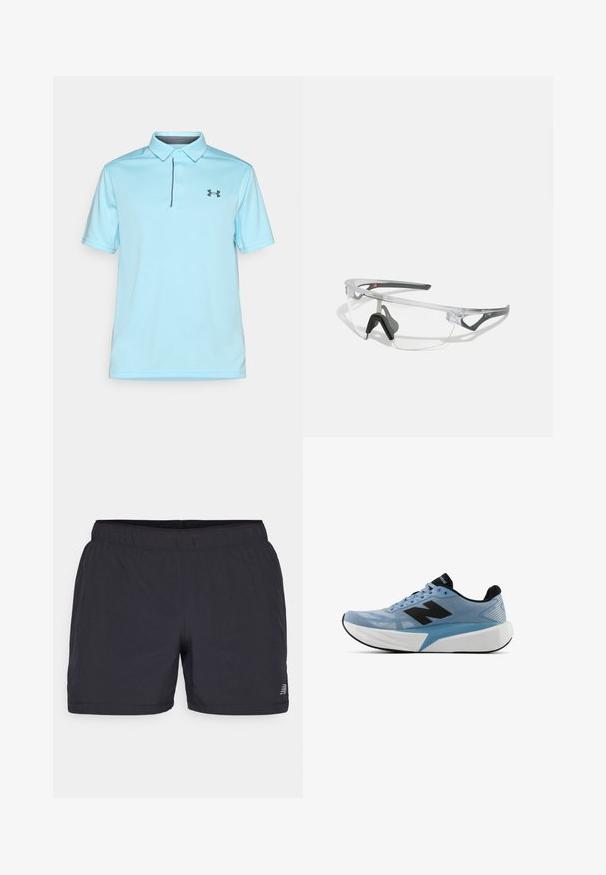 Sinine polo särg, mis on valmistatud tekstureeritud kangast, millel on krae, kolm nööpi ja must logo vasakul küljel.; Mustad mustad lühikesed püksid elastse vöökohtaga, kerge kangaga ja diskreetne logo vasakul all nurgas. Sile tekstuur.; Hele sinine jooksujalanõud musta logoga, paksu valge tallaga ja musta sisekattega, vaadatuna küljelt valgel taustal.; Selged ohutusprillid kerge, läbipaistva raami ja hallide aktsentidega. Omab ümbritsevat disaini ja reguleeritavat ninatükki.