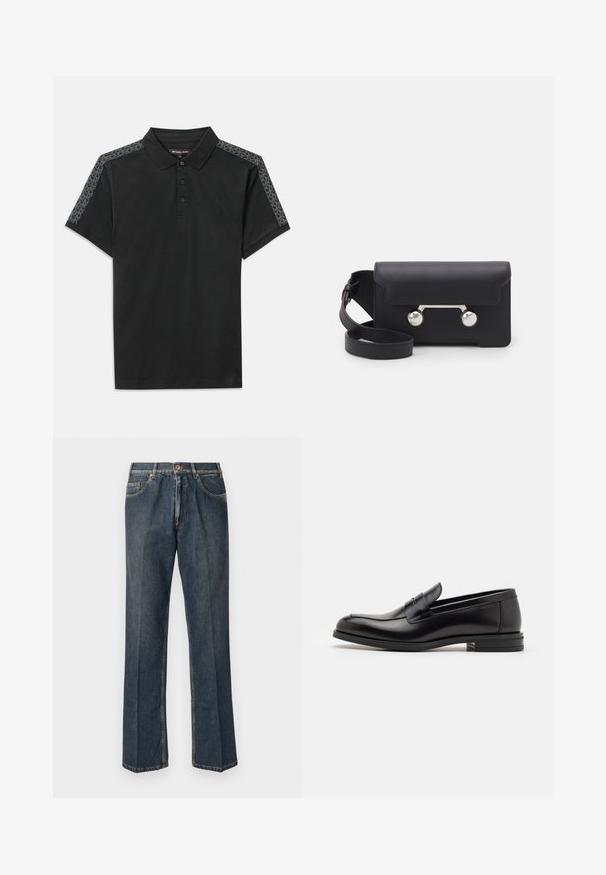 Sort polo skjorte med krave, tre knapper og korte ærmer. Har grå mønstrede detaljer langs skuldrene. Blødt bomuldsstof.; Mørkeblå lige ben denim jeans med frontknap, lynlås, dobbelte forlommer og synlige lodrette folder ned langs benene.; Sorte læderloafers med en glat overflade, rund tå og en dekorativ strop over vampen. Lav hæl med stabeldesign, minimalistisk stil.; Sort læder crossover taske med klaplukning, sølvfarvet hardware og to runde accenter. Har en aftagelig rem. Glat tekstur.