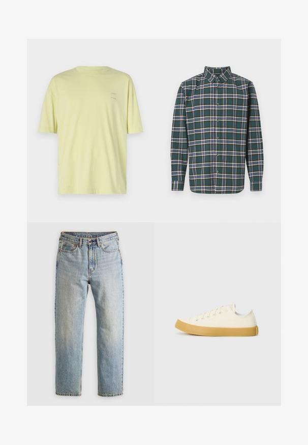Svetlo rumena bombažna majica s kratkimi rokavi, okroglim izrezom in dvema malima logoma "SAMSØE" natisnjenima na zgornji levi strani.; Zeleni flanelast srajc s karirastim vzorcem, ki vsebuje modre, bele in gorčične rumene črte. Z gumbi zapnjen sprednji del in usmerjen ovratnik. Dolgi rokavi.; Svetlo modri džins hlače z visokim pasom, sprednjim gumbom, zadrgo in petimi žepi, laid flat na nevtralni podlagi.; Platnene superge v off-white barvi z okroglim nosom, z bež gumijastimi podplati in petimi odprtinami za vezalke, z zrnato površino na zgornjem delu.