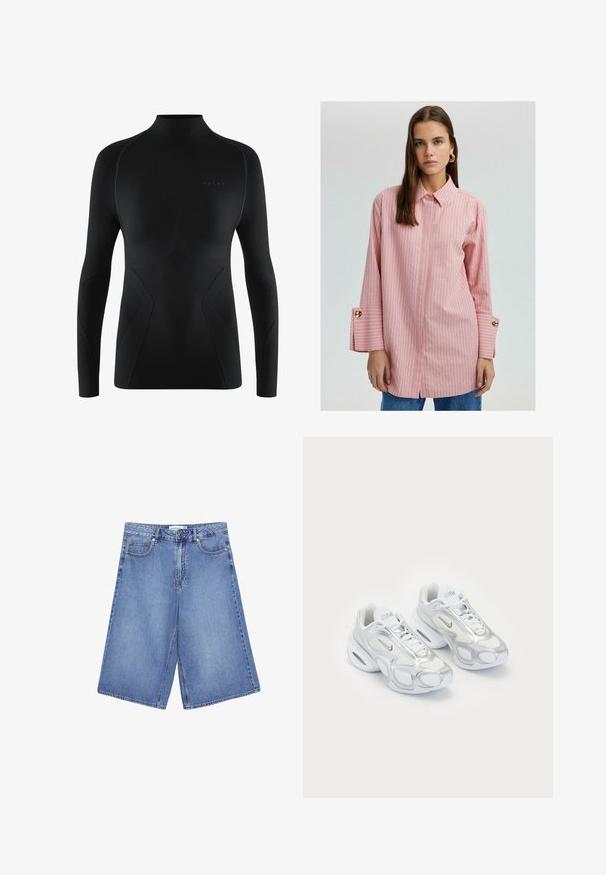 Black long-sleeve athletic shirt with a high neck, featuring textured panels, smooth fabric, and a fitted design. Logo displayed on the front.; Pink striped button-up shirt with a collar, long sleeves featuring gold button accents, and split hems. Smooth fabric with a relaxed fit.; Denim culottes in light blue with a wide leg design, featuring five pockets, a button closure, and subtle fading details.; White athletic shoes featuring a mesh upper with silver accents, a unique shape, and air cushioning in the heel. Laced design with logo.