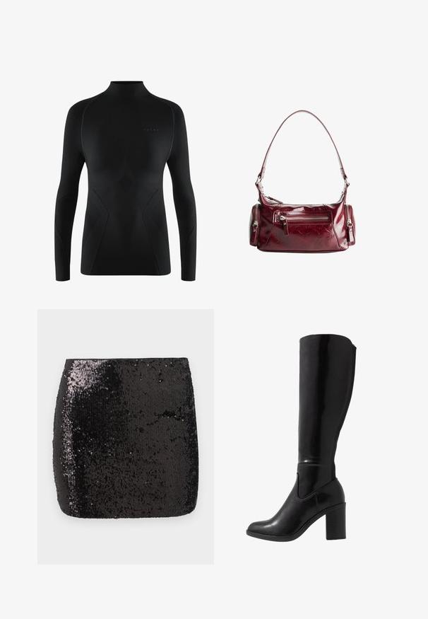 Czarny sportowy podkoszulek z długim rękawem i wysokim kołnierzem, z teksturowanymi panelami, gładkim materiałem i dopasowanym krojem. Logo umieszczone z przodu.; Czarna, cekinowa mini spódnica o dopasowanym kroju, gładkiej fakturze i błyszczącej powierzchni, odbijająca światło i tworząca wizualne zainteresowanie.; Czarne, błyszczące, chociaż sięgające do kolan, buty na obcasie z okrągłym noskiem, gładką teksturą, szczegółem z wycięciem po stronie i grubo podłożonym obcasem.; Błyszcząca, ciemnoczerwona skórzana torebka na ramię z przednią kieszenią na zamek błyskawiczny i dwoma małymi bocznymi kieszeniami na zamek.