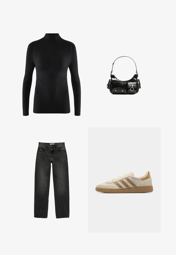 Czarny sportowy podkoszulek z długim rękawem i wysokim kołnierzem, z teksturowanymi panelami, gładkim materiałem i dopasowanym krojem. Logo umieszczone z przodu.; Czarne dżinsy o luźnym kroju, prostych nogawkach, pięciu kieszeniach i lekko wypłowiałej strukturze. Zapięcie na guzik i suwak z przodu.; Beżowe zamszowe sneakersy z jasnobrązowymi akcentami. Posiadają trzy brązowe paski, teksturowaną gumową podeszwę oraz okrągły ksztalt czubka.; Czarna torebka z lakierowanej skóry o zaokrąglonym kształcie, z jednym paskiem na ramię, przednimi kieszeniami i akcentami w kolorze srebrnym.