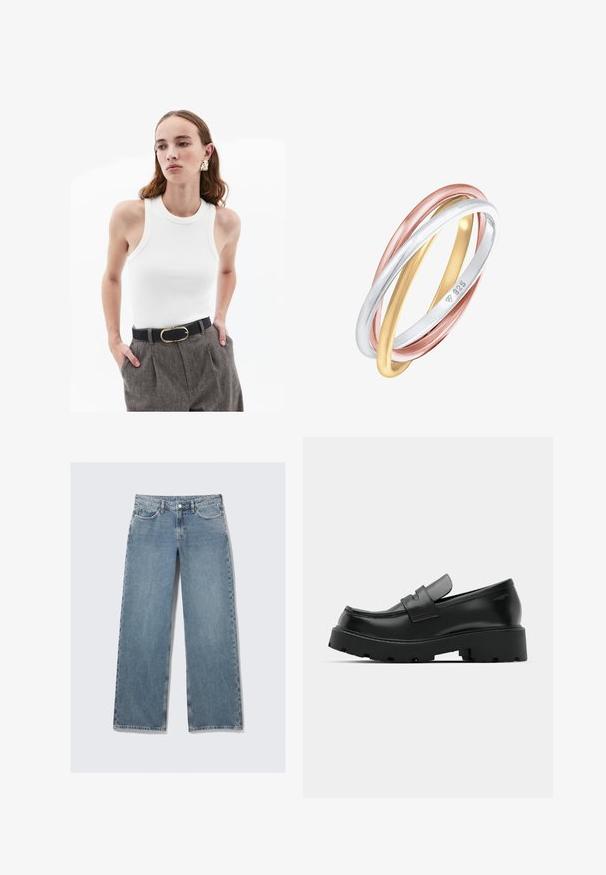 Top bianco a coste con scollatura rotonda, caratterizzato da rifiniture beige. Abbinato a pantaloni grigi a vita alta con texture e una cintura nera con fibbia dorata.; Jeans azzurri chiari a vita alta con gamba dritta, tasche anteriori, passanti per la cintura e chiusura con bottone su uno sfondo bianco.; Mocassini in pelle nera con suola spessa e texture, dotati di una fascia sulla parte anteriore e una finitura liscia e lucida.; Tre anelli intrecciati realizzati in argento lucido, oro e oro rosa, con superfici lisce e forme arrotondate. Ogni anello è inciso con marchi di purezza del metallo.