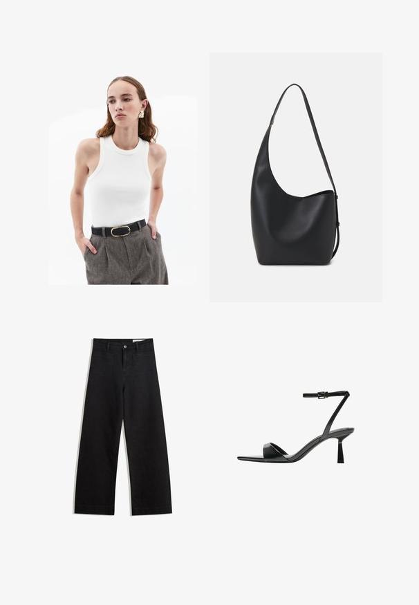 Witte geribbelde tanktop met ronde halslijn, voorzien van beige afwerking. Gecombineerd met grijze textuur hoge taillebroek en een zwarte riem met een gouden gesp.; Zwarte denim broek met wijde pijpen en een hoge taille, voorzien van voor- en achterzakken, gestikte naden en een knoopsluiting. Gladde textuur.; Bershka Sandalen met hoge hak - black; Zwarte leren hobo tas met een gladde textuur, kromme vorm en een enkele verstelbare schouderband; heeft een brede opening aan de bovenkant.