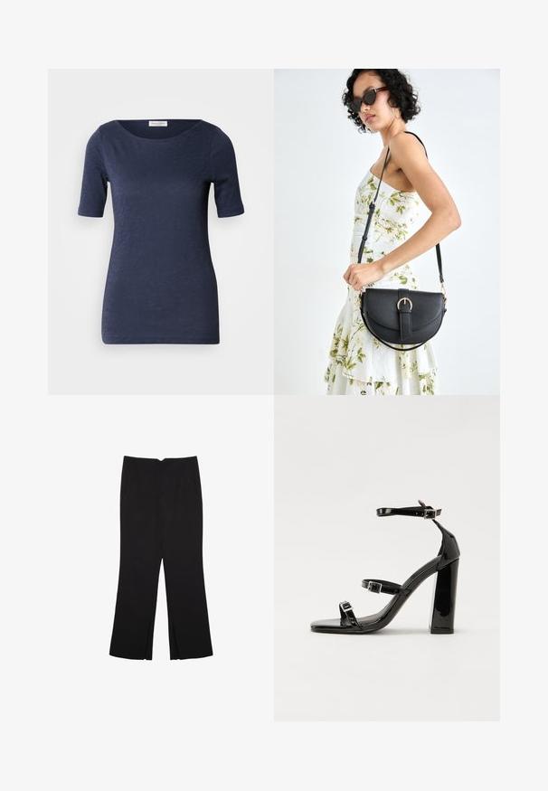 Námornícky modré tričko s krátkymi rukávmi a okrúhlym výstrihom, vyrobené z mäkkej, textúrovanej tkaniny. Má lem, ktorý sa nachádza tesne pod bokmi.; Čierne nohavice so strihom rovného strihu, s prednými vreckami a bočnými rozparkami na leme. Vyrobené z mäkkej, hladkej tkaniny. Vhodné na rôzne príležitosti.; Čierne lakované sandále na podpätku so štvorcovou špičkou, navlečenými remienkami okolo členku a striebornými prackami. Disponujú masívnym blokovým podpätkom pre stabilitu.; Čierna kožená kabelka s zaobleným tvarom, odnímateľným popruhom a zlatými doplnkami. Kabelka má klopu s detailom s prackou.