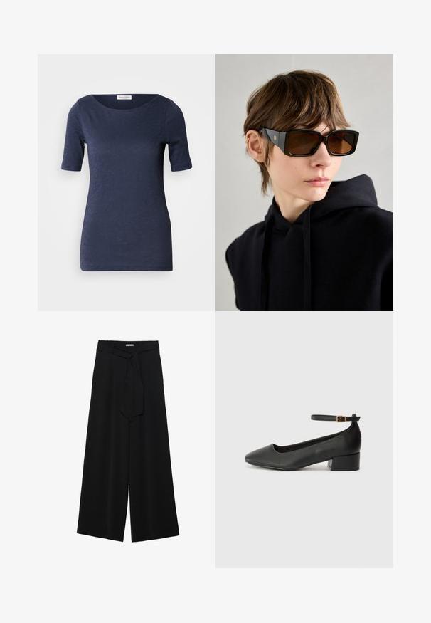 Tumsarkans zils T-krekls ar īsām piedurknēm un apaļu kakla izgriezumu, izgatavots no mīksta, teksturēta auduma. Tam ir apakšmalas, kas atrodas tieši zem gurniem.; Melni platleņķa bikses ar teksturētu audumu, elastīgu jostu un noņemamu siksnu viduklī, kas nodrošina regulējamu piegulšanu.; Melnas ādas sūkņi ar smailu purngalu un zemu bloku papēdi. Iezīmēts ar potītes siksniņu ar zelta krāsas sprādzi. Gluda tekstūra.; Melni pārmērīgi lieli saulesbrilles ar spīdīgu apdari, taisnstūra formu, brūnu tonēšanu lēcām un zelta logotipa detaļām uz kājiņām.