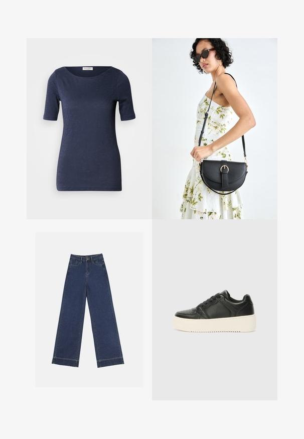 Tengerészkék, rövidujjú póló kerek nyakkivágással, puha, textúrált anyagból készült. Az alja épp a csípő alatt végződik.; Sötétkék denim széles lábú farmernadrág. Öt zsebbel, övhurkokkal és nyers szegéllyel az alján, amelyen látható varrási részletek találhatók.; Fekete bőr sportcipő sima felülettel, vastag krémszínű talppal, kerek orral és klasszikus fűzős kialakítással. Finom varrási részletek.; Fekete bőrtáska ívelt formával, levehető pánttal és arany színű fémrészekkel. A táskán egy csattal díszített fedél található.